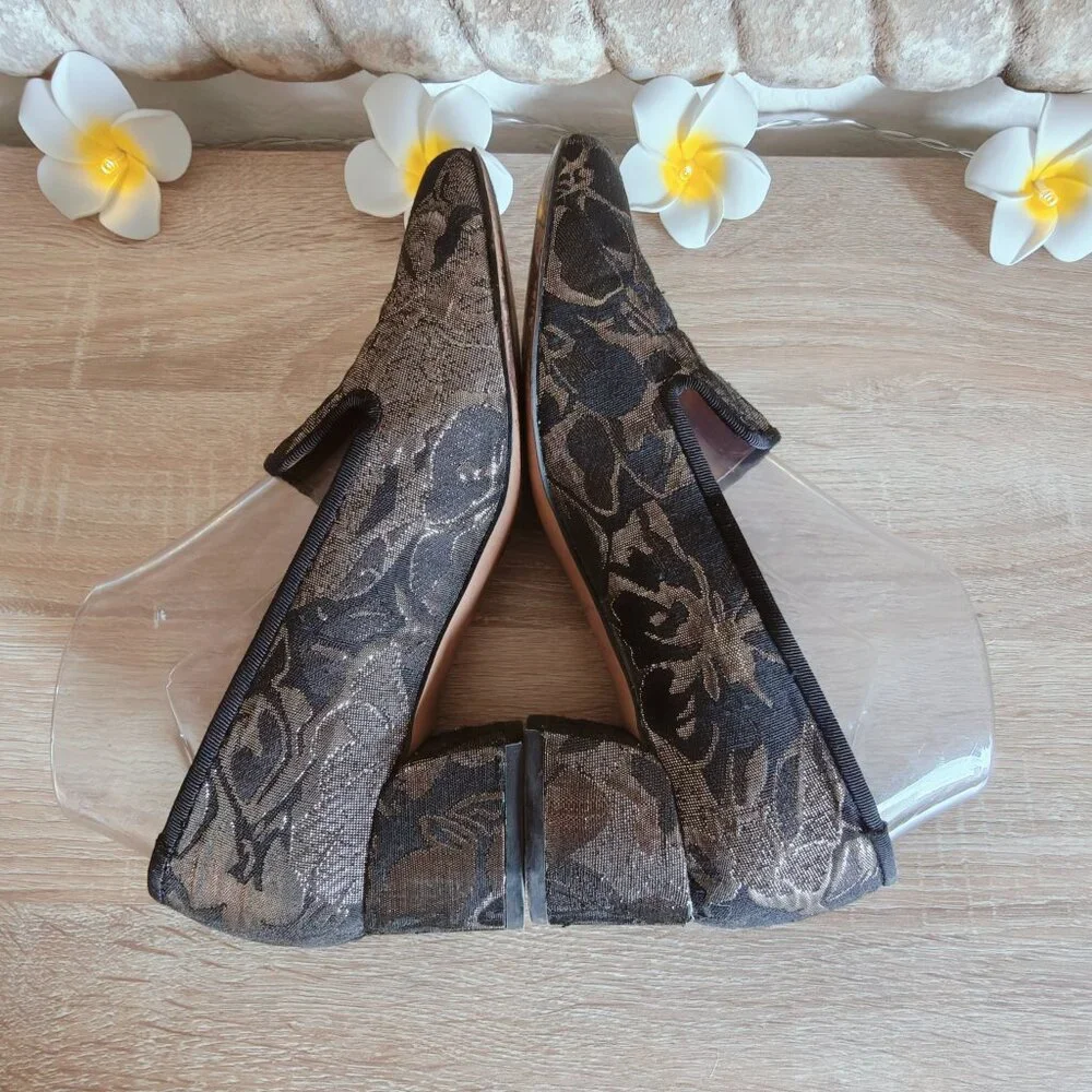 Franco Sarto Hettie Black & Metallic Gold Floral Brocade Block Heels 6.5
